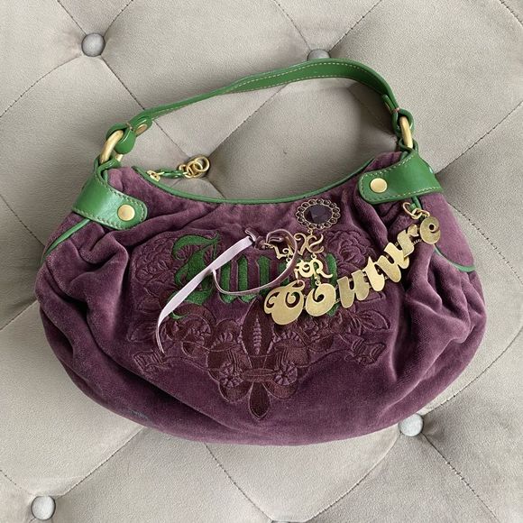 Juicy Couture Handbags - Juicy Couture Small Emerald Green Purple Velour Hobo Bag